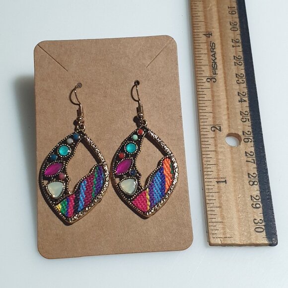 Bohemian Multicolor Teardrop Earrings Acrylic Gemstone Woven Design Beach Core - Picture 3 of 4